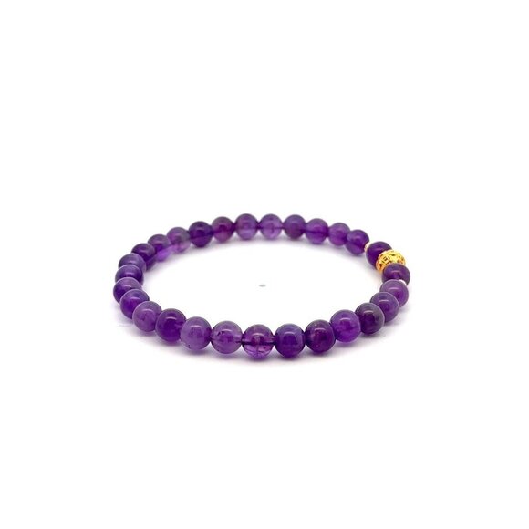 18K Gold Money Ball Bracelet Gemstone February Birthstone Amethyst 6mm Size 6.5" - Picture 2 of 5